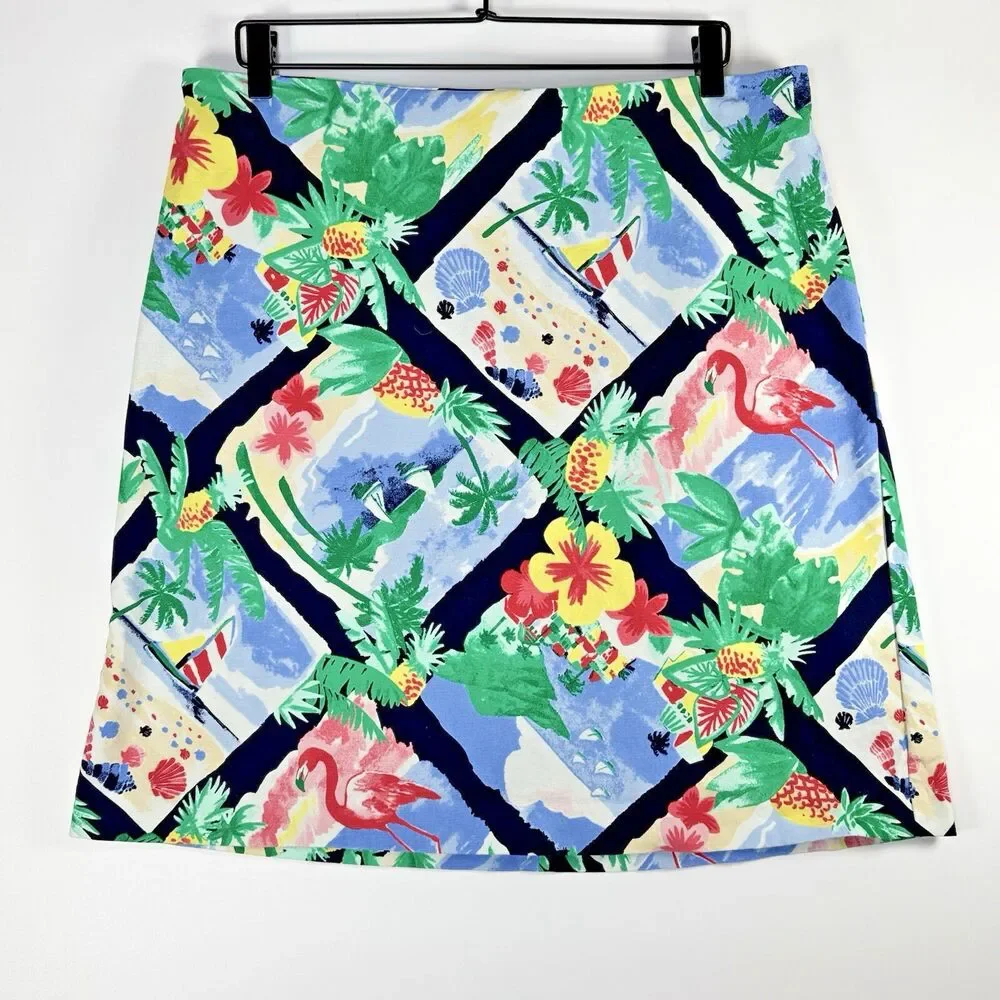 Talbots Skirt 16W Blue Tropical Print Cotton Stretch Summer Casual A Line Preppy